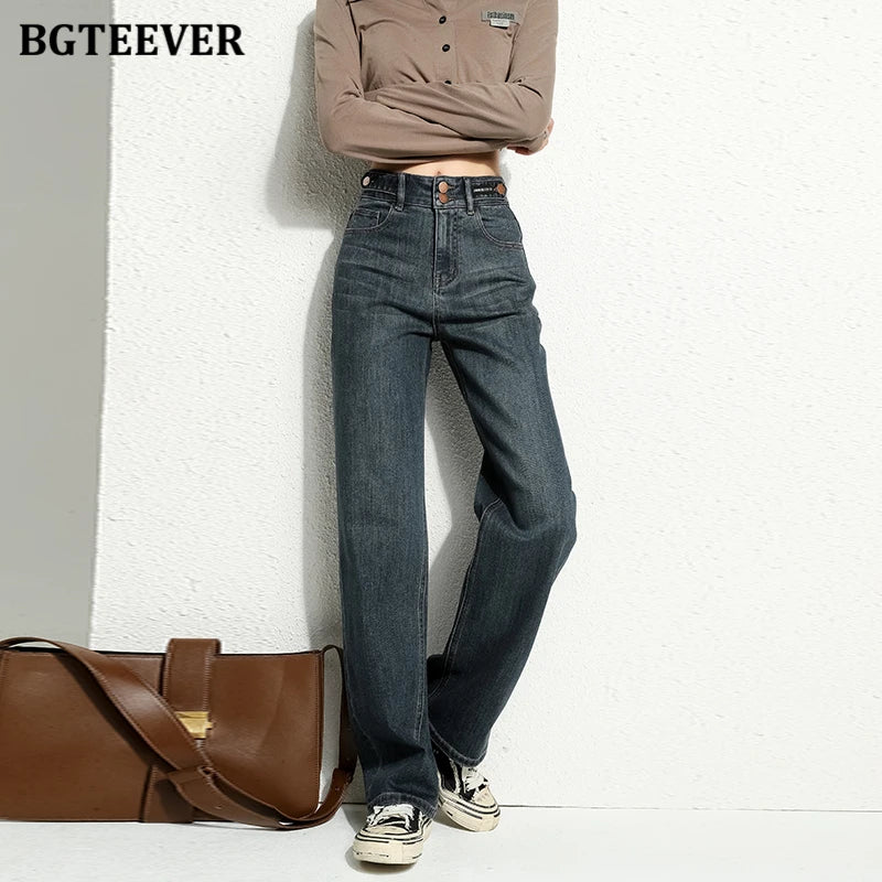 BGTEEVER Vintage Double Buttons Straight Jeans Pants Women Spring Autumn High Waist Loose Pockets Female Wide Leg Denim Trousers