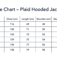 Table displaying garment measurements with columns for size, chest, length, shoulder, and sleeve.