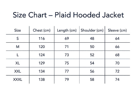 Table displaying garment measurements with columns for size, chest, length, shoulder, and sleeve.