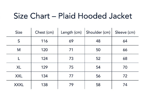 Table displaying garment measurements with columns for size, chest, length, shoulder, and sleeve.