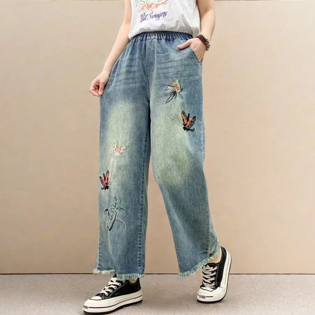 Spring Summer Ethnic Style Vintage Floral Embroidery Denim Wide Leg Pants Women High Elastic Waist Hole Casual Straight Jeans