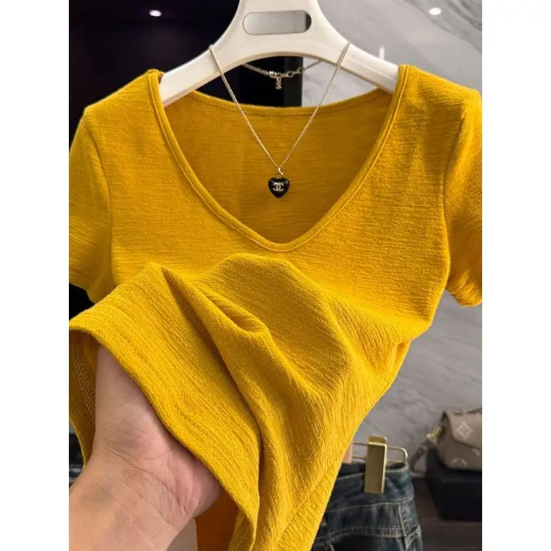 Short Sleeve Simplicity Solid Street Casual T Shirts New Women Clothing V Neck All-match Fashion Tops Lazy Style Trend Summer