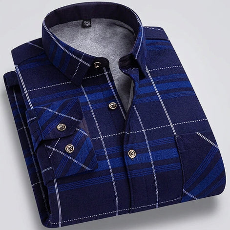 Blue plaid shirt with a close-up of the fabric texture on a white background