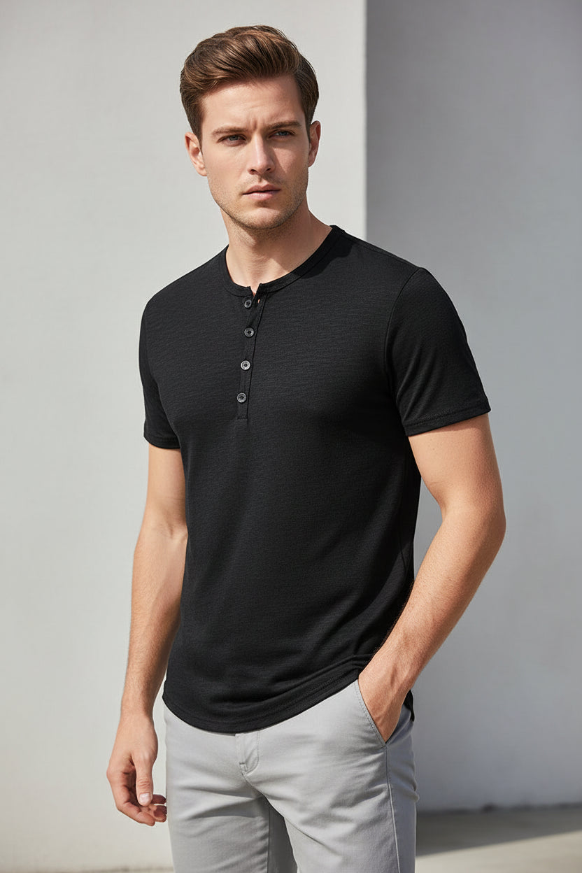 Black short-sleeve henley shirt on a white background