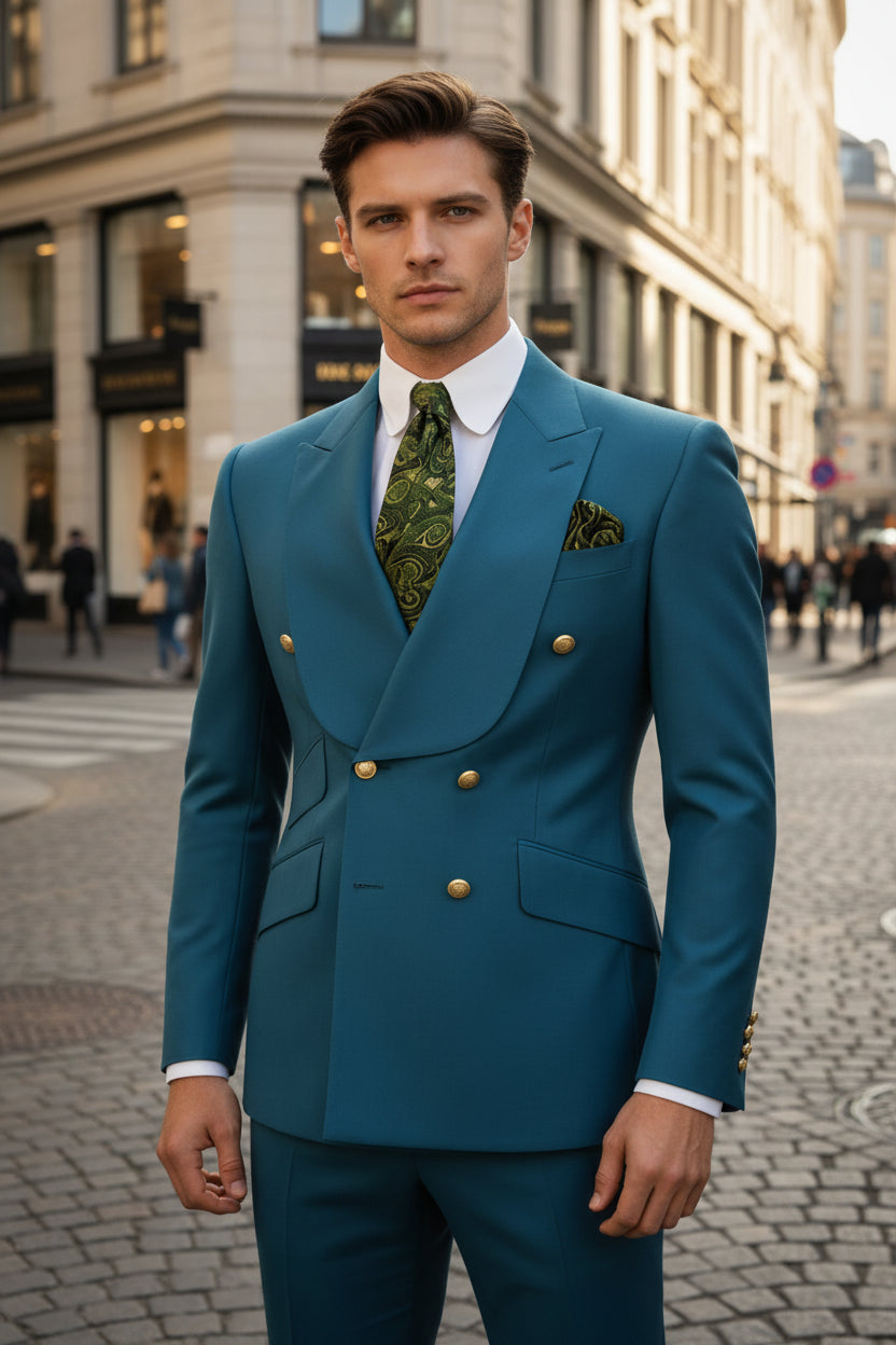 Man in a blue suit with a cityscape in the background