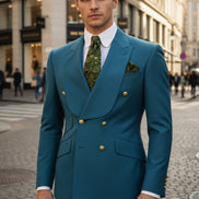 Man in a blue suit with a cityscape in the background