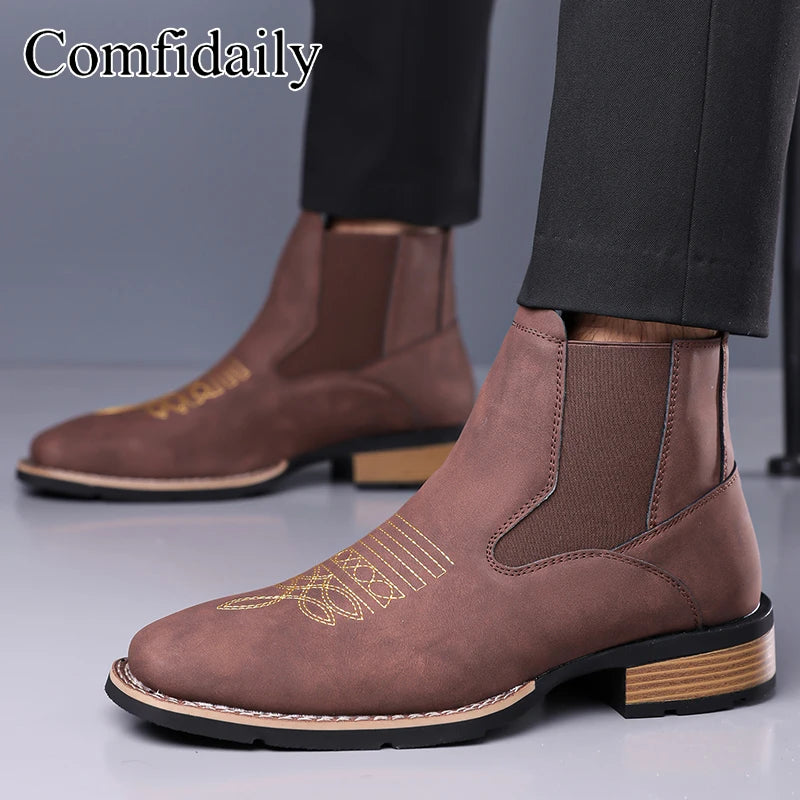 Retro Men Chelsea Boots Classic Brown Embroidery Boots High Quality Business Casual British Style Street Western Ankle Boots