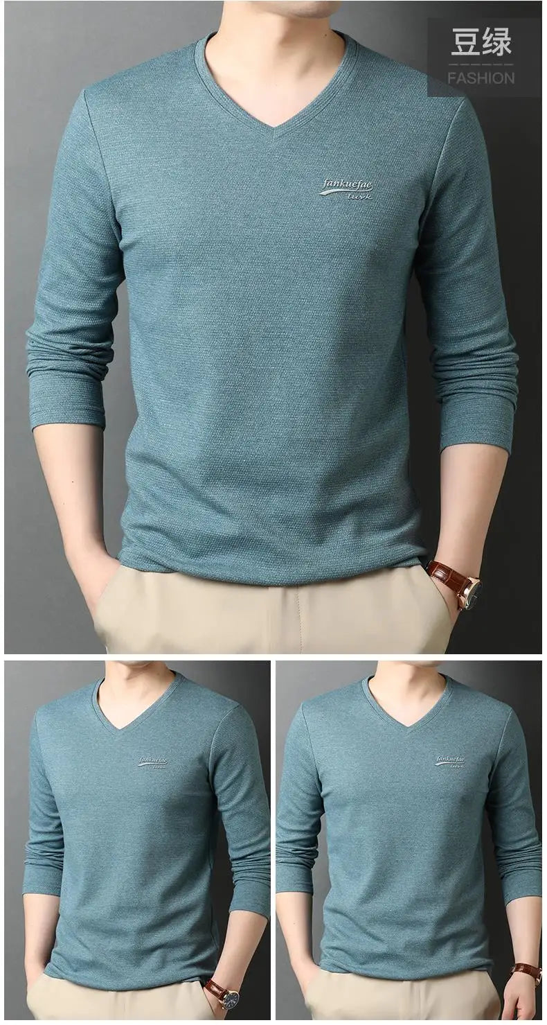 Top Quality New Fashion Brand Solid Color Plain V Neck Long Sleeve t Shirt Men Cotton Casual Men Clothes 2025