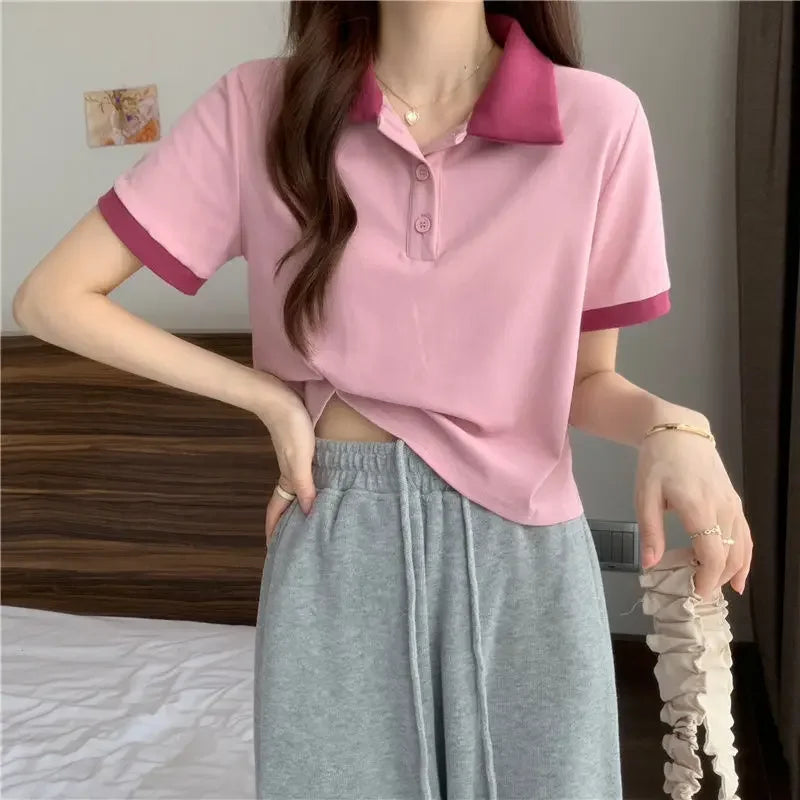 Plain Female Tee Slim Women's Polo Shirts T-shirts Short Sleeve T-shirt in Trend 2025 Youthful Clothes Korean Clothing Elegant