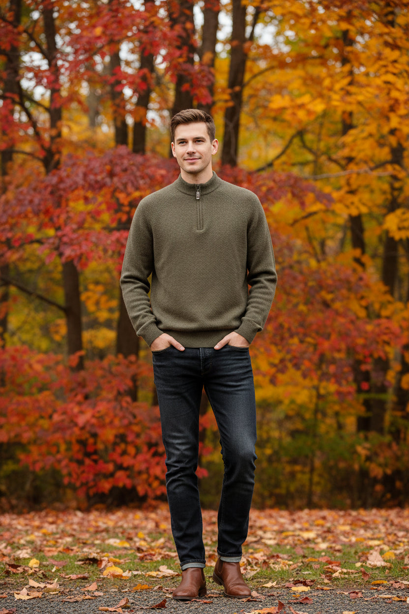 Brown sweater with a zipper being adjusted on a hanger