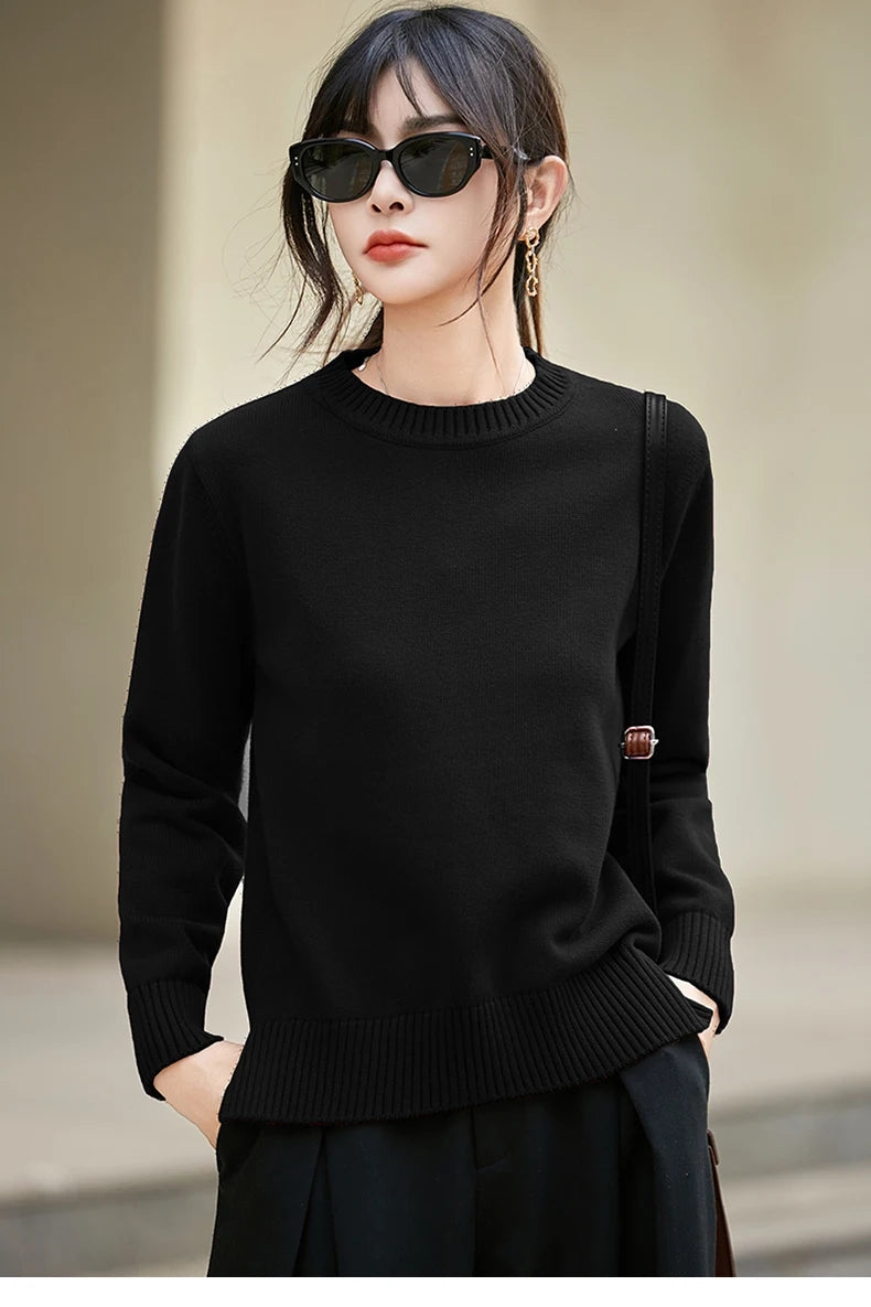 Women's autumn and winter 100% pure cotton knitted round neck soft pullover casual solid color warm sweater fashionable hot sell