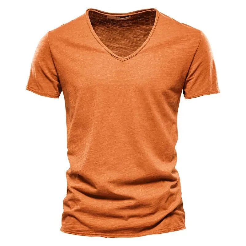 2025 New Brand Quality 100% Cotton Men T-shirt V-neck Fashion Design Slim Fit T-shirts Male Tops Tees Short Sleeve T Shirt Men