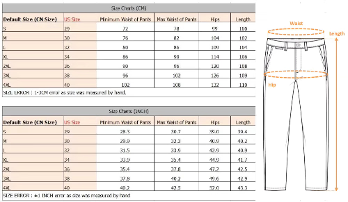 Pants size chart showing sizes S–4XL, waist, hip, and length measurements in centimeters and inches, with a measurement diagram.