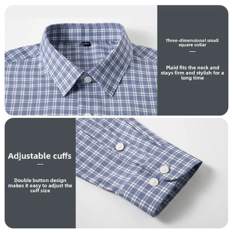 A men's long-sleeve plaid dress shirt shown in a two-panel product graphic. The top panel shows the collar and upper chest with text noting a three-dimensional small square collar and plaid fit.