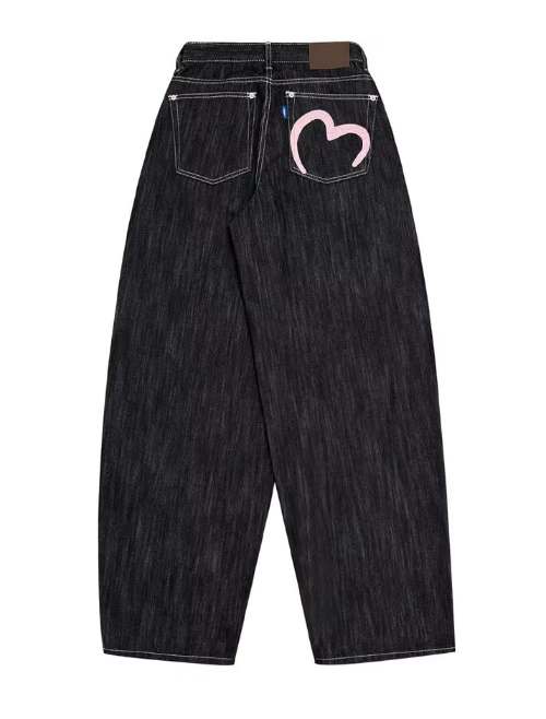 Back view of dark-wash loose-fit jeans with contrast stitching and a pink heart outline on the right back pocket, displayed on a white background.