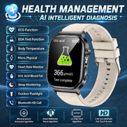 A smartwatch with a light beige strap and black case shown on a blue promotional graphic. The watch screen displays a green lab 