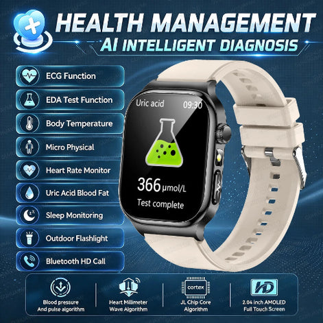 A smartwatch with a light beige strap and black case shown on a blue promotional graphic. The watch screen displays a green lab 