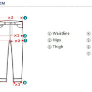 Measurement chart for pants in centimeters, showing a line drawing of jeans with labeled dimensions for waistline, hips, thigh, front rise, back rise, leg opening, and length, plus a Spanish title at the top.