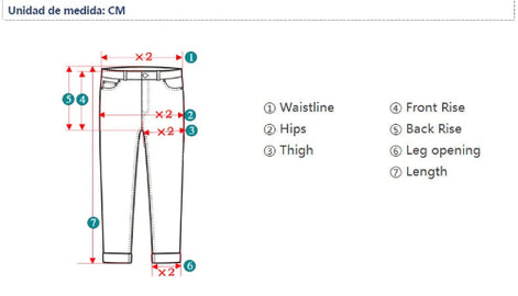 Measurement chart for pants in centimeters, showing a line drawing of jeans with labeled dimensions for waistline, hips, thigh, front rise, back rise, leg opening, and length, plus a Spanish title at the top.