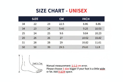 Foot measurement chart for Yang Hui Unisex shoes with size chart and foot length guide.
