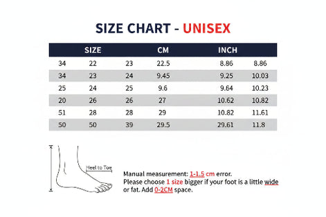 Foot measurement chart for Yang Hui Unisex shoes with size chart and foot length guide.