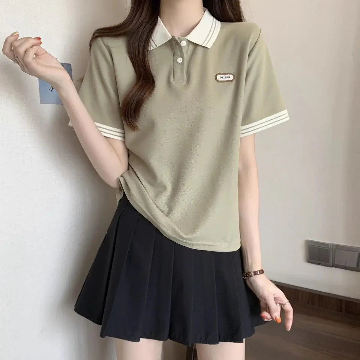 Baggy Female Tee Women's Polo Short Sleeve T-shirt Korean Clothing Youthful Elegant in Trend 2025 Sales Youth Aesthetic T-shirts