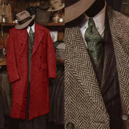 A vintage-style double-breasted overcoat displayed on a mannequin, shown in a split view: a full-length red coat on the left and a close-up of a brown herringbone coat 