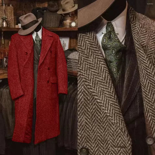 A vintage-style double-breasted overcoat displayed on a mannequin, shown in a split view: a full-length red coat on the left and a close-up of a brown herringbone coat 