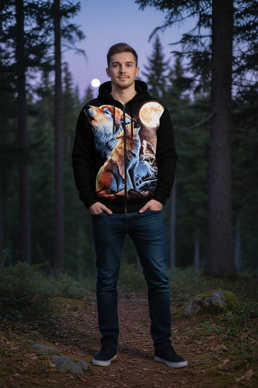 Hoodie with wolf design and moon on a white background