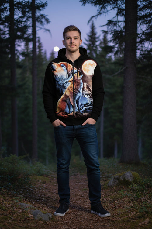 Hoodie with wolf design and moon on a white background