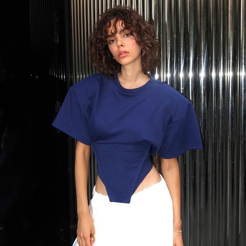 Versatile Regular-shoulder T-shirts Women Casual White Round Neck Irregular Hem Pleated Short Top Summer Lady Street Wear New