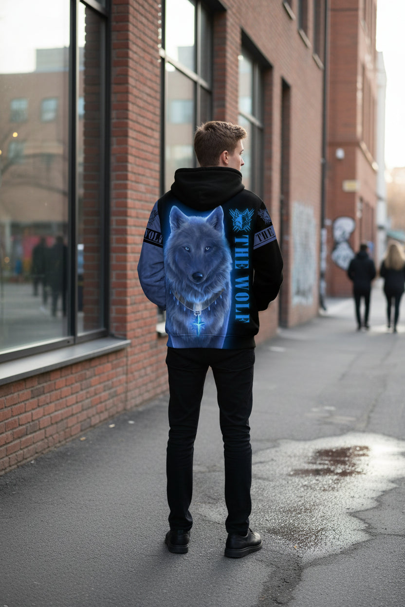 Hoodie with a wolf design and 'The Wolf' text on a white background