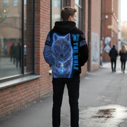 Hoodie with a wolf design and 'The Wolf' text on a white background