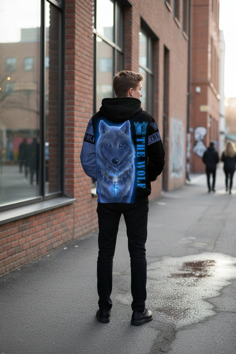 Hoodie with a wolf design and 'The Wolf' text on a white background