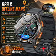 Black tactical smartwatch with a metal link band, rugged silver bezel, orange accents, and a map display on the screen. The image includes promotional text highlighting GPS, offline maps,