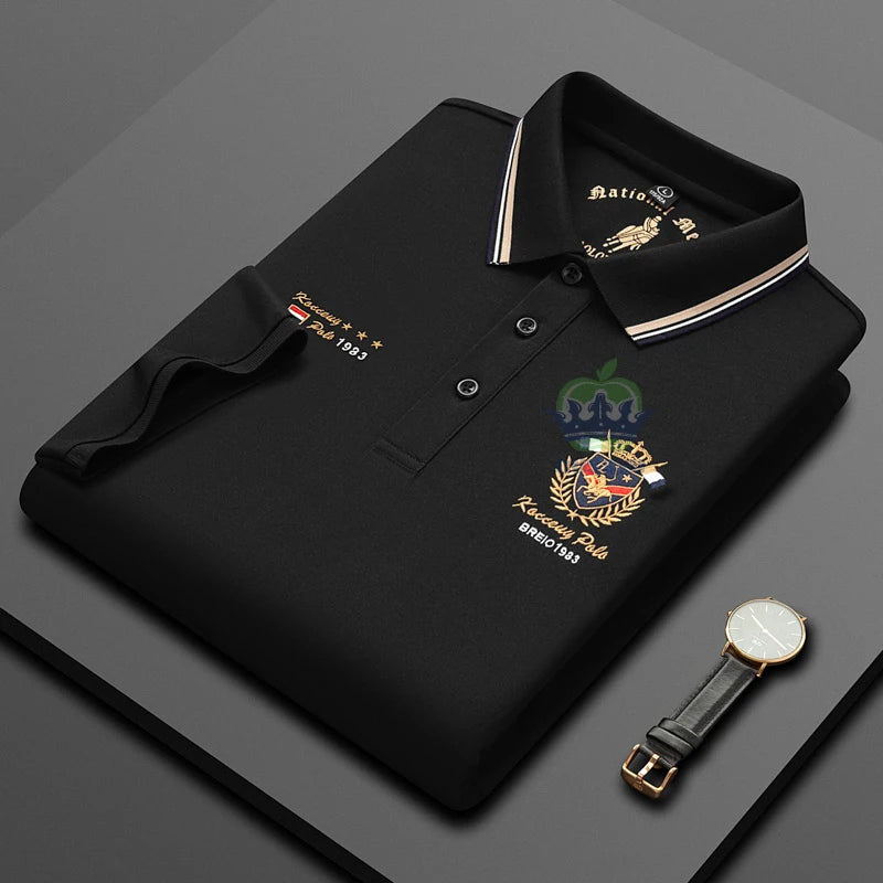 Classics Shield Badge Embroidery Polo Shirt Men Summer Thin Breathable Lapel Short-Sleeved Tops Golf Shirt Male Brand Clothing