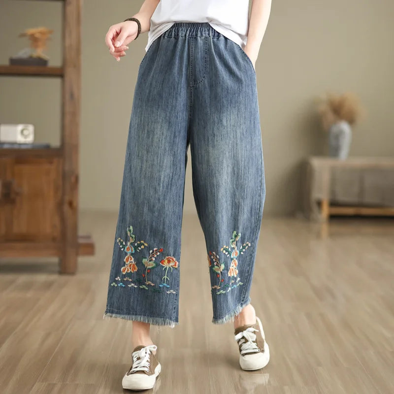 Spring Summer Ethnic Style Vintage Floral Embroidery Denim Wide Leg Pants Women High Elastic Waist Hole Casual Straight Jeans