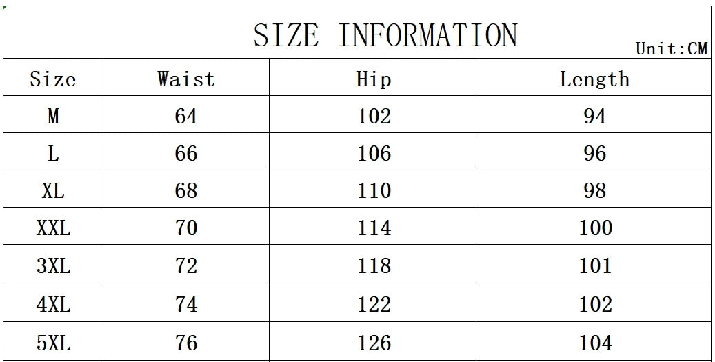 Size information chart for waist, hip, and length measurements in centimeters.