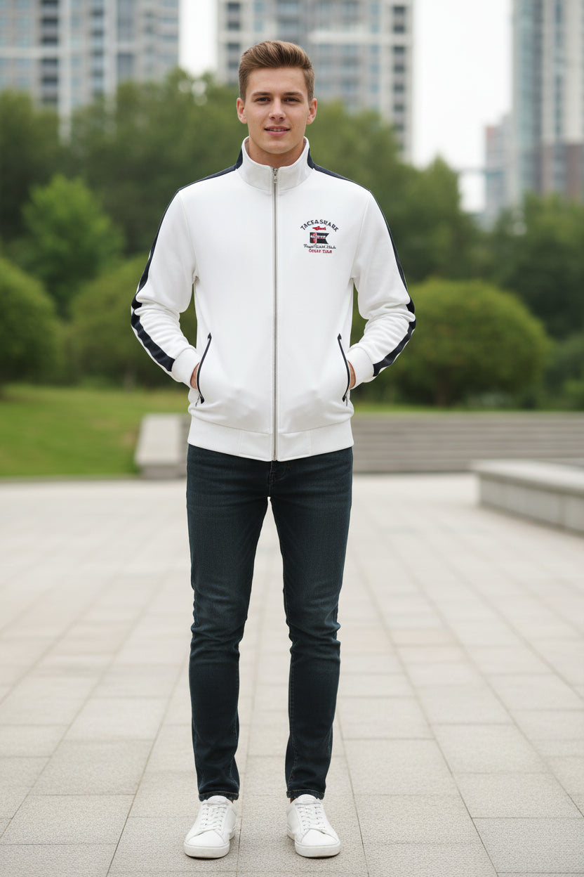 White jacket with black accents and brand logo on a white background