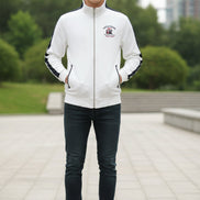 White jacket with black accents and brand logo on a white background