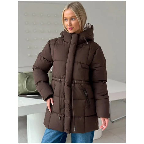 Brown Hooded Quilted Cotton Jacket Fashion Waist Cinch Drawstring Zip Pocket Warm Coat 2026 Women's Winter Casual Street Outfit