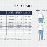 Size chart for pants with waist and length measurements, accompanied by images of a person measuring pants and a measurement guide.