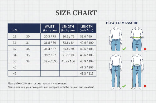 Size chart for pants with waist and length measurements, accompanied by images of a person measuring pants and a measurement guide.