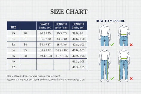 Size chart for pants with waist and length measurements, accompanied by images of a person measuring pants and a measurement guide.