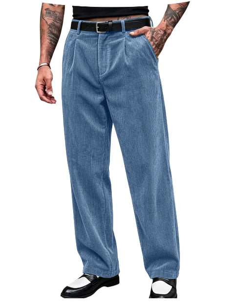A person wearing light blue corduroy trousers with a black belt, shown from the waist down against a plain white background.