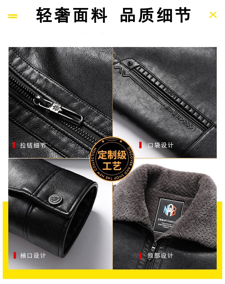 Add Fleece and Thickening Winter Dad Leather Jacket for Middle-aged Grandpa Fur Collar Middle-aged Men's Coat for Warmth