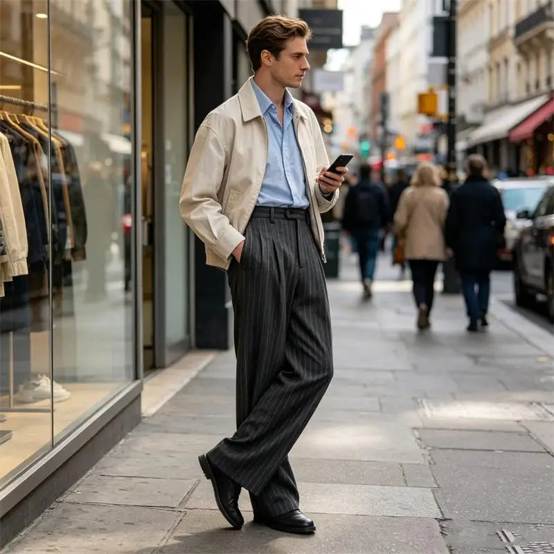 Men's Striped Dress Pants Old Money Wide Leg Baggy Pleated Casual Pinstriped Trousers Loose Fit Elastic Waist Vintage Slacks