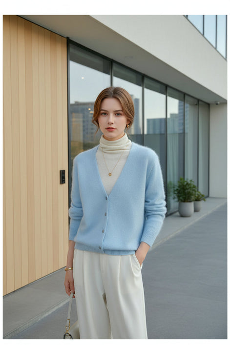 A person wearing a light blue fuzzy V-neck cardigan over a cream turtleneck, with cream trousers 