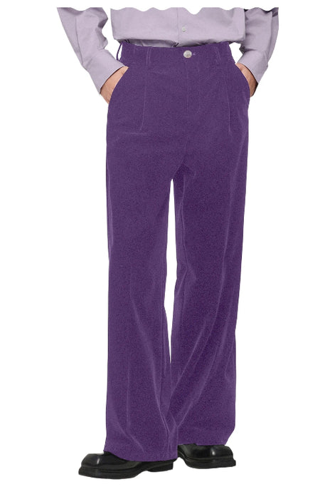 Purple corduroy wide-leg trousers shown on a model from the waist down, paired with a light lavender ruffled blouse and black shoes, 