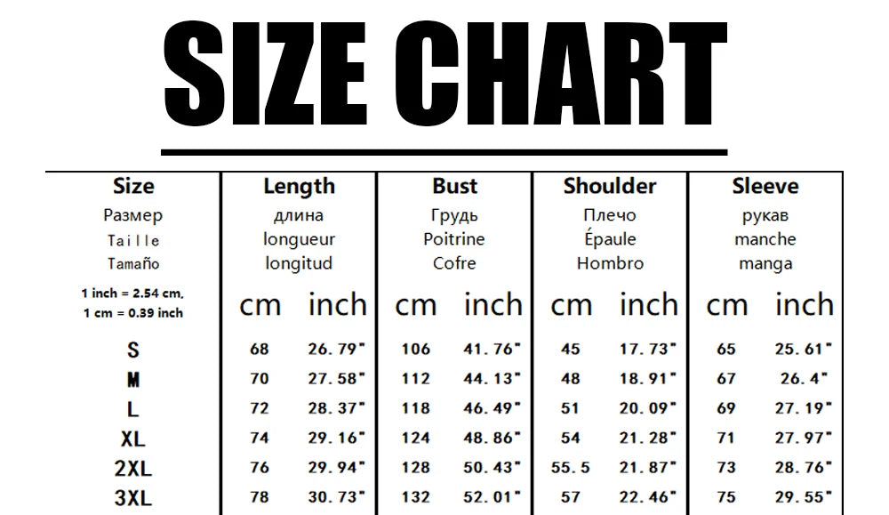 Size chart for clothing measurements in inches and centimeters
